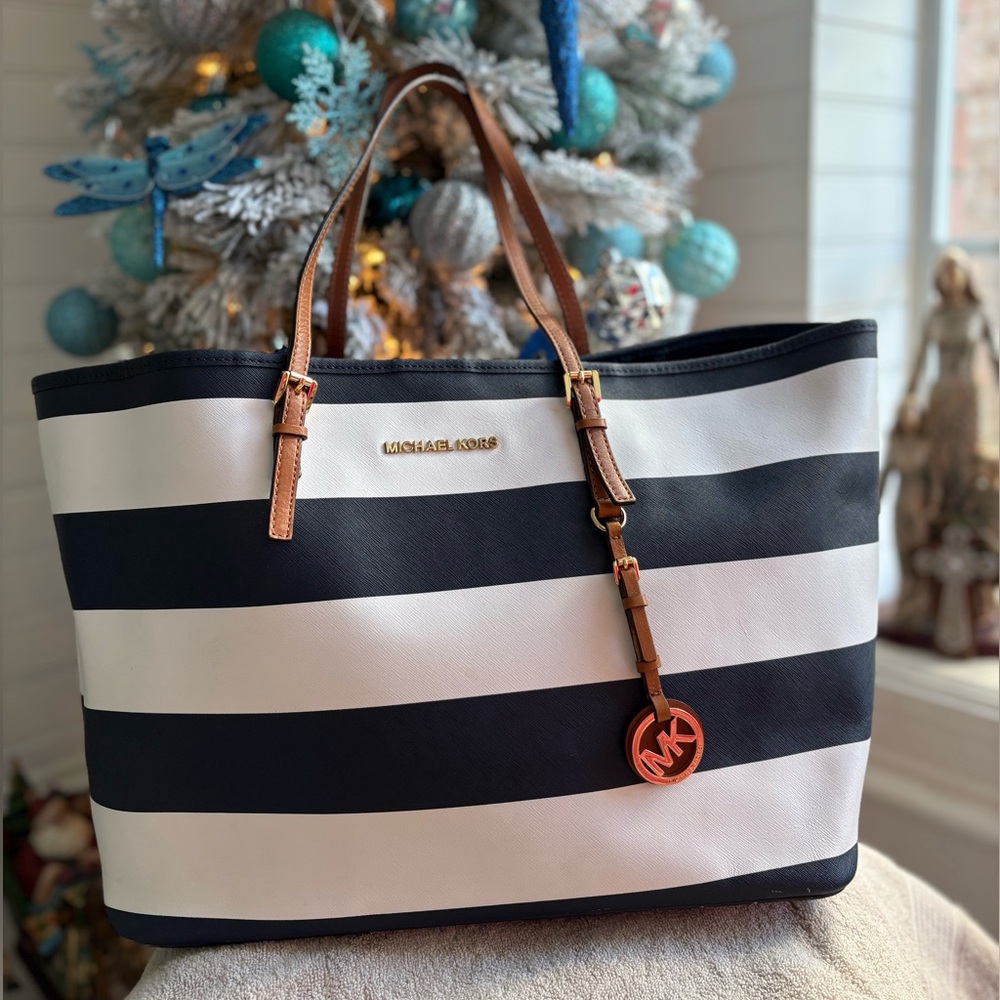 Michael Kors Jet Set Travel Navy and White Striped Tote
